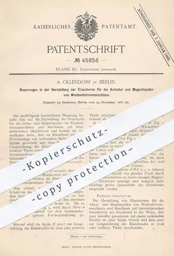 original Patent - A. Ollendorf , Berlin , 1887 , Eisenkerne für Magnetspulen von Wechselstrommaschinen | Eisen , Strom !