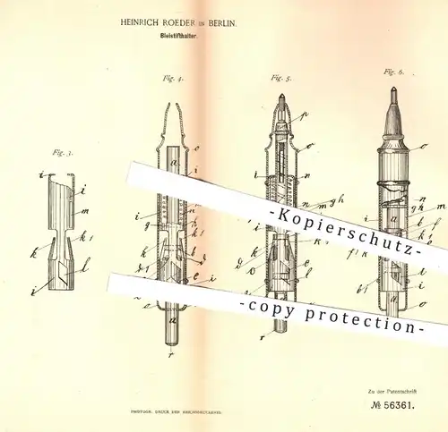 original Patent - Heinrich Roeder , Berlin , 1890 , Bleistifthalter | Bleistift , Stift , Feder , Schreibfeder , Schule