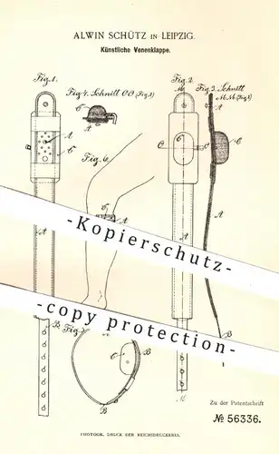 original Patent - Alwin Schütz , Leipzig , 1890 , Künstliche Venenklappe | Venen , Ader , Gesundheit , Arzt , Chirurg !!