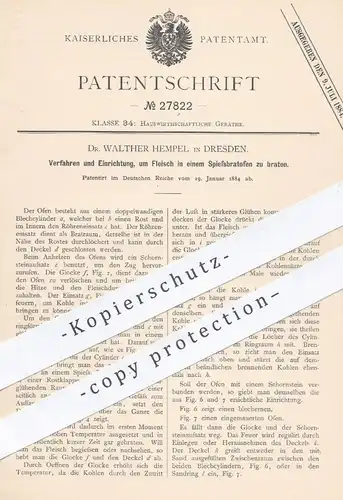 original Patent - Dr. Walther Hempel , Dresden , 1884 , Bratofen für Fleischspieße | Ofen , Herd , Grill , Backofen !!!