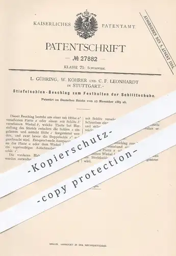 original Patent - L. Gühring | W. Köhrer | C. F. Leonhardt , Stuttgart  1883 , Stiefelsohlen - Beschlag für Schlittschuh