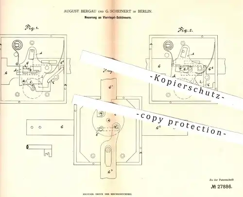 original Patent - August Bergau , G. Scheinert , Berlin , 1884 , Vierriegel - Schloss | Schlosser , Türschloss , Riegel