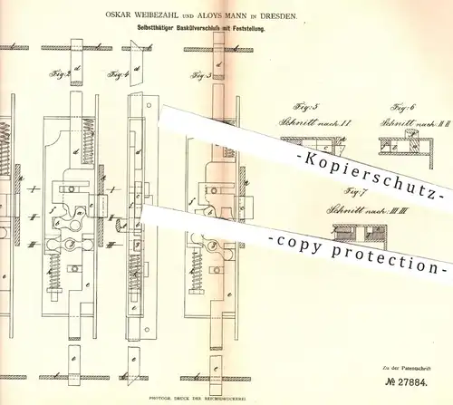 original Patent - O. Weibezahl , Aloys Mann , Dresden 1884 , Baskülverschluss mit Feststellung | Baskülschloss | Schloss