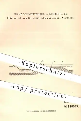 original Patent - Franz Schneppendahl , Biebrich , 1900 , Klärvorrichtung für Abwasser | Kläranlage , Klärgrube , Wasser