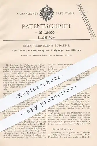 original Patent - Stefan Behringer , Budapest , 1899 , Regelung des Tiefganges von Pflügen | Pflüg , Pflüge , Landwirt !