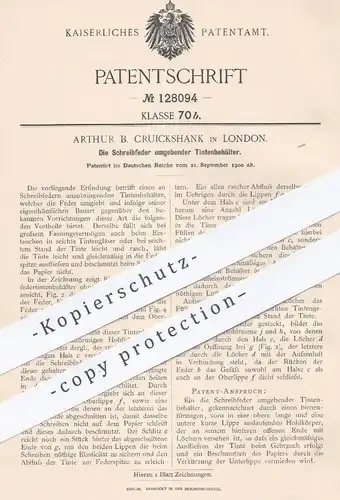 original Patent - Arthur B. Cruickshank , London 1900 , Schreibfeder umgebender Tintenbehälter | Federhalter , Füller !!