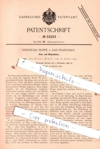 original Patent -  Reinhold Hoppe in San Francisko , 1896 , Arm- und Beinschiene !!!