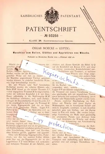 original Patent - Oskar Moecke in Leipzig , 1896 , Maschine zum Rollen, Glätten und Appretiren von Wäsche !!!