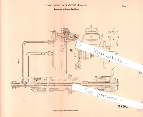 original Patent - Isaac Holden in Bradford , England , 1879 ,  Neuerungen an Kämm-Maschinen !!!