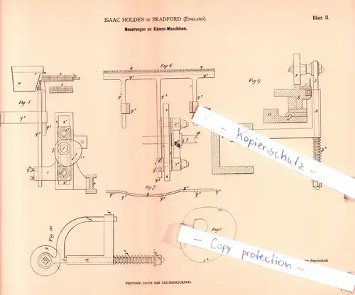 original Patent - Isaac Holden in Bradford , England , 1879 ,  Neuerungen an Kämm-Maschinen !!!