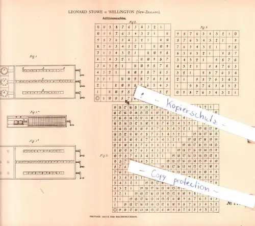 original Patent - Leonard Stowe in Wellington , New-Zealand , 1880 , Additionsmaschine !!!