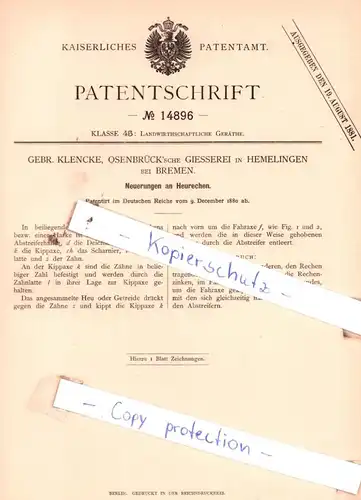 original Patent - Gebr. Klencke, Osenbrück`sche Giesserei in Hemelingen bei Bremen , 1880 , Neuerungen an Heurechen !!!