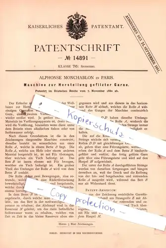 original Patent - Alphonse Monchablon in Paris , 1880 , Spinnerei !!!
