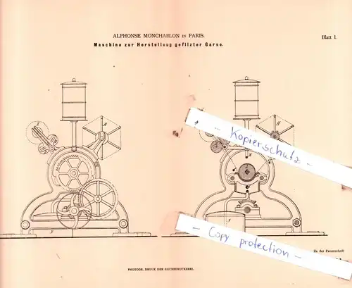 original Patent - Alphonse Monchablon in Paris , 1880 , Spinnerei !!!