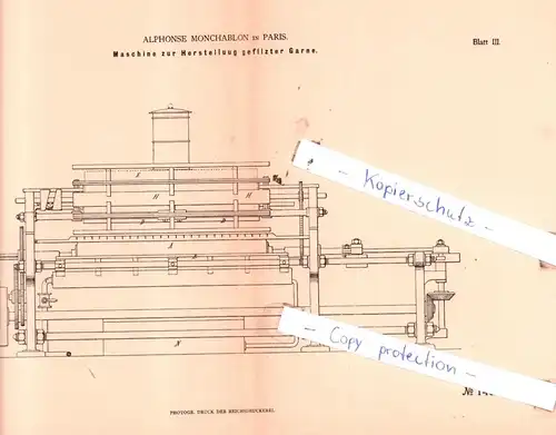 original Patent - Alphonse Monchablon in Paris , 1880 , Spinnerei !!!