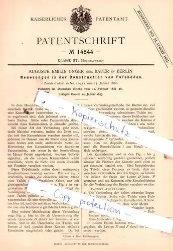 original Patent - Auguste Emilie Unger geb. Bauer in Berlin , 1881 , Neuerungen in der Construction von Fußböden !!!