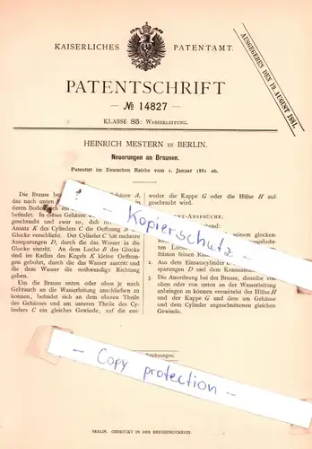 original Patent - Heinich Mestern in Berlin , 1881 , Neuerungen an Brausen !!!