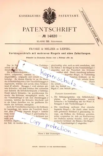 original Patent - Franke & Melzer in Leipzig , 1881 ,  Vorhängeschloß mit Riegeln und ohne Zuhaltungen !!!