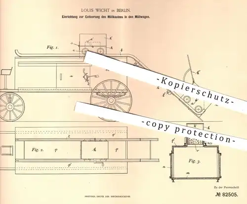 original Patent - Louis Wicht , Berlin , 1894 , Entleerung vom Müllkasten in Müllwagen | Müllabfuhr , Müll - Entsorgung