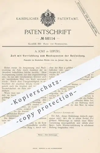 original Patent - A. Icke , Leipzig , 1891 , Zelt mit Vorrichtung zum Nachspannen der Bekleidung | Zelte , Zelten !!