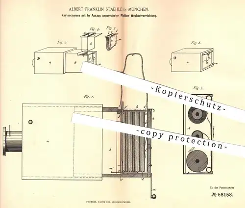 original Patent - Albert Franklin Staehle , München , 1890 , Kastenkamera mit Platten-Wechselvorrichtung | Foto - Kamera