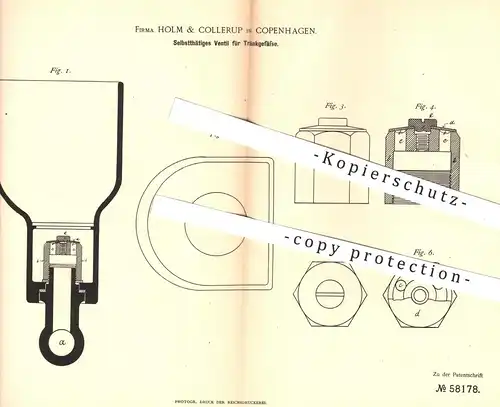 original Patent - Holm & Collerup , Kopenhagen  1891 , Ventil für Trinkgefäße für Tiere | Tier , Tierzucht , Kühe , Vieh