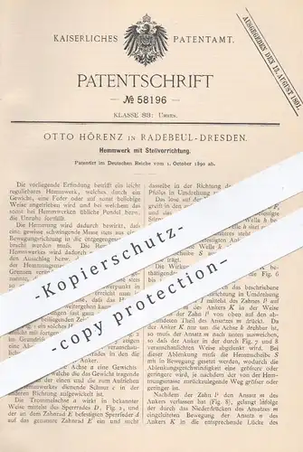 original Patent - Otto Hörenz , Radebeul / Dresden , 1890 , Hemmwerk mit Stellvorrichtung | Uhr , Uhren , Uhrmacher !!