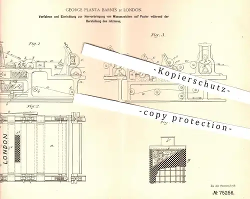 original Patent - George Planta Barnes , London , 1893 , Wasserzeichen auf Papier | Papierfabrik , Papiermaschine !!