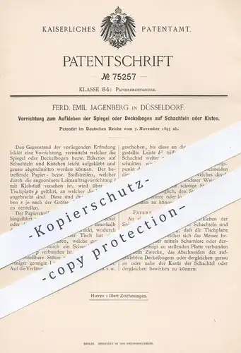original Patent - F. E. Jagenberg , Düsseldorf 1893 , Aufkleben von Deckelbogen auf Schachteln , Kisten | Papier , Pappe