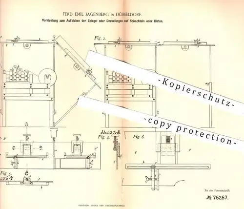 original Patent - F. E. Jagenberg , Düsseldorf 1893 , Aufkleben von Deckelbogen auf Schachteln , Kisten | Papier , Pappe