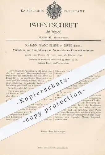 original Patent - Johann Franz Kleine , Essen / Ruhr , 1893 , feuersichere Eisenbalkendecke | Balken - Decke , Eisen