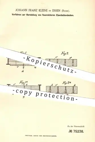 original Patent - Johann Franz Kleine , Essen / Ruhr , 1893 , feuersichere Eisenbalkendecke | Balken - Decke , Eisen