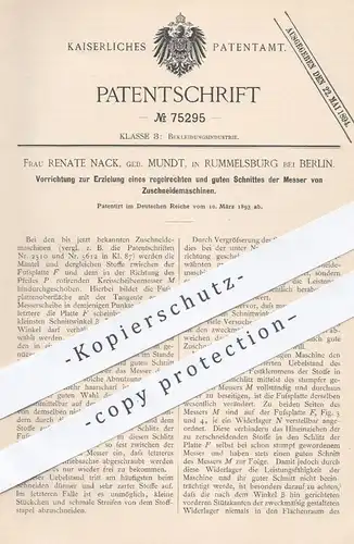 original Patent - Renate Nack / Mundt , Rummelsburg / Berlin , 1893 , Messer an Zuschneidemaschine für Stoff | Schneider