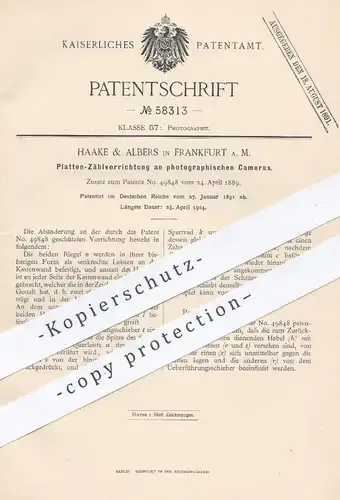 original Patent - Haake & Albers , Frankfurt / Main , 1891 , Platten-Zählvorrichtung an Foto - Kameras