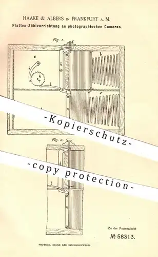 original Patent - Haake & Albers , Frankfurt / Main , 1891 , Platten-Zählvorrichtung an Foto - Kameras