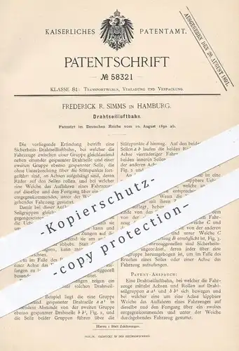 original Patent - Frederick R. Simms , Hamburg , 1890 , Drahtseilluftbahn | Seilluftbahn , Seilbahn , Bahn , Seil !!!