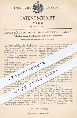 original Patent - Hinrich u. August Hermann Müller , Hamburg , 1894 , Laufeisen am Schlittschuh | Schlittschuhe , Schuh