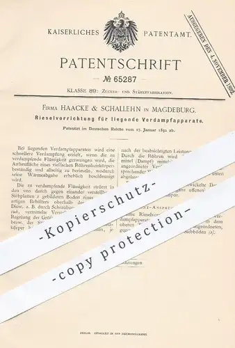 original Patent - Haacke & Schallehn in Magdeburg , 1892 , Rieselvorrichtung für Verdampfer | Zucker , Zuckerfabrik !!