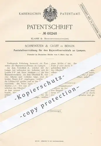 original Patent - Schwintzer & Gräf , Berlin , 1892 , Bajonett - Verschluss an Lampen | Lampe , Licht , Beleuchtung !!!