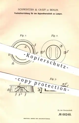 original Patent - Schwintzer & Gräf , Berlin , 1892 , Bajonett - Verschluss an Lampen | Lampe , Licht , Beleuchtung !!!