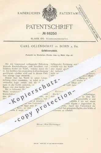 original Patent - Carl Ollendorf , Bonn / Rhein , 1892 , Gefäßverschluss aus Kautschuk | Verschluss für Flaschen !!!