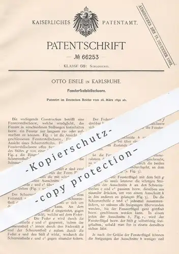 original Patent - Otto Eisele , Karlsruhe 1892 ,  Fensterfeststellschere | Feststellen der Fenster | Schlosser , Schloss