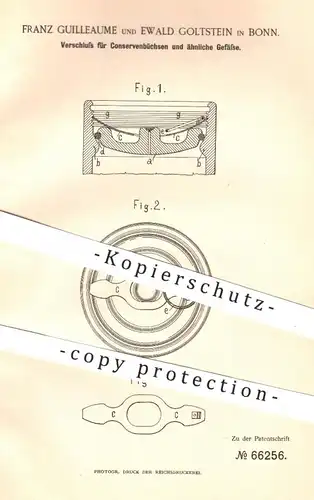 original Patent - Franz Guilleaume , Ewald Golstein , Bonn , 1892 , Verschluss für Konserven - Büchsen | Dose , Dosen !!