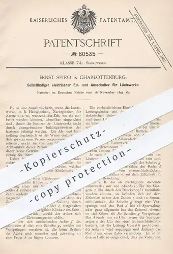 original Patent - Ernst Spiro , Berlin Charlottenburg  1893 , elektr. Schalter für Läutewerk , Glocke , Klingel | Signal