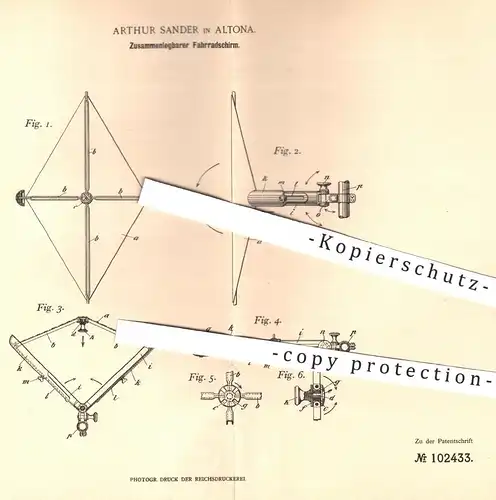 original Patent - Arthur Sander , Hamburg Altona , 1898 , Zusammenlegbarer Fahrrad - Schirm | Fahrräder , Tuchsegel !!