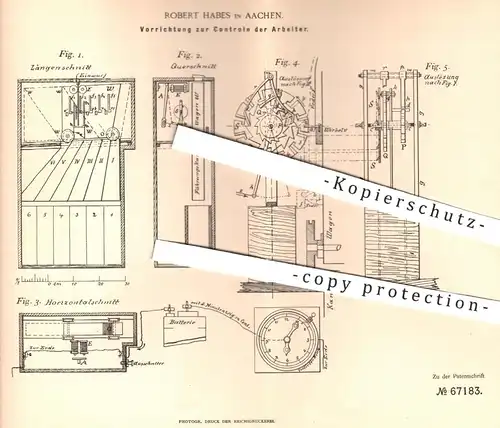 original Patent - Robert Habes , Aachen , 1892 , Kontrolle der Arbeitszeit | Uhr , Uhrwerk , Kontrolluhr , Elektromagnet