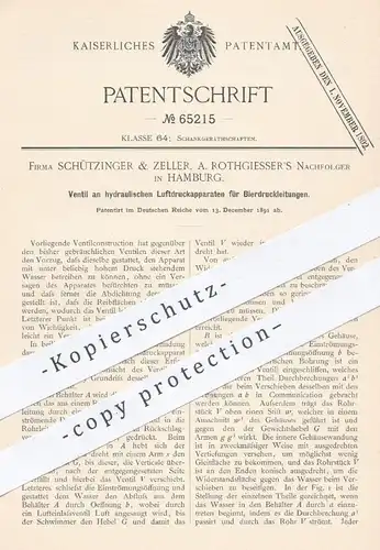 original Patent - Schützinger & Zeller | A. Rothgiesser Nachf. , Hamburg , 1891 , Ventil für Zapfanlage | Bier zapfen !!