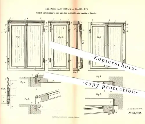 original Patent - Eduard Lachmann , Hamburg , 1892 , um eine Achse drehbares Fenster | Fensterbauer , Fenster , Bau !!