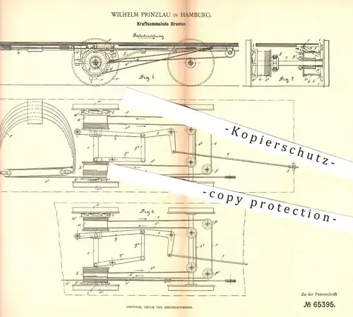 original Patent - Wilhelm Prinzlau , Hamburg , 1892 , Kraftsammelnde Bremse für Eisenbahnen | Eisenbahn , Bremsen !!!