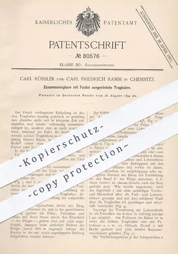 original Patent - Carl Rössler , Carl Fr. Ramm , Chemnitz , 1894 , Tragbahre mit Fackel | Bahre , Krankenbahre , Arzt !!